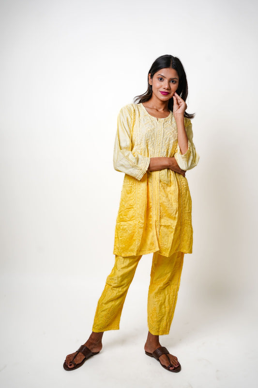 Chikankari hand embroidered | Co-ord set | Chanderi | Yellow