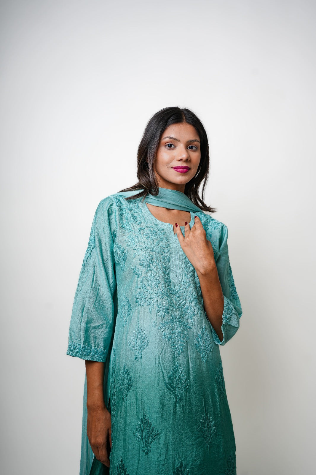 Chikankari hand embroidered | Suit Set| Chanderi | Teal Green