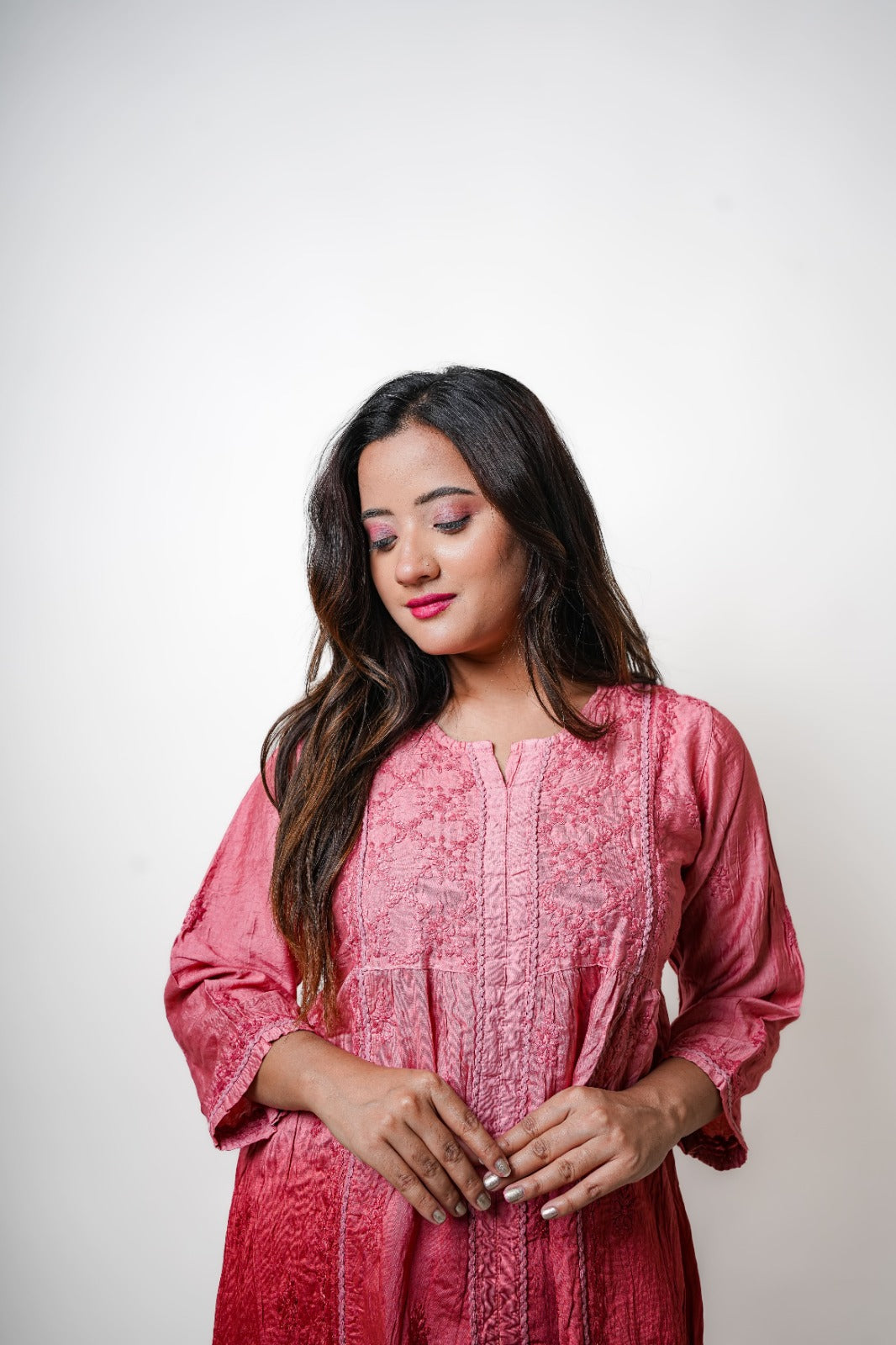 Chikankari hand embroidered | Co-ord set | Chanderi | Peach