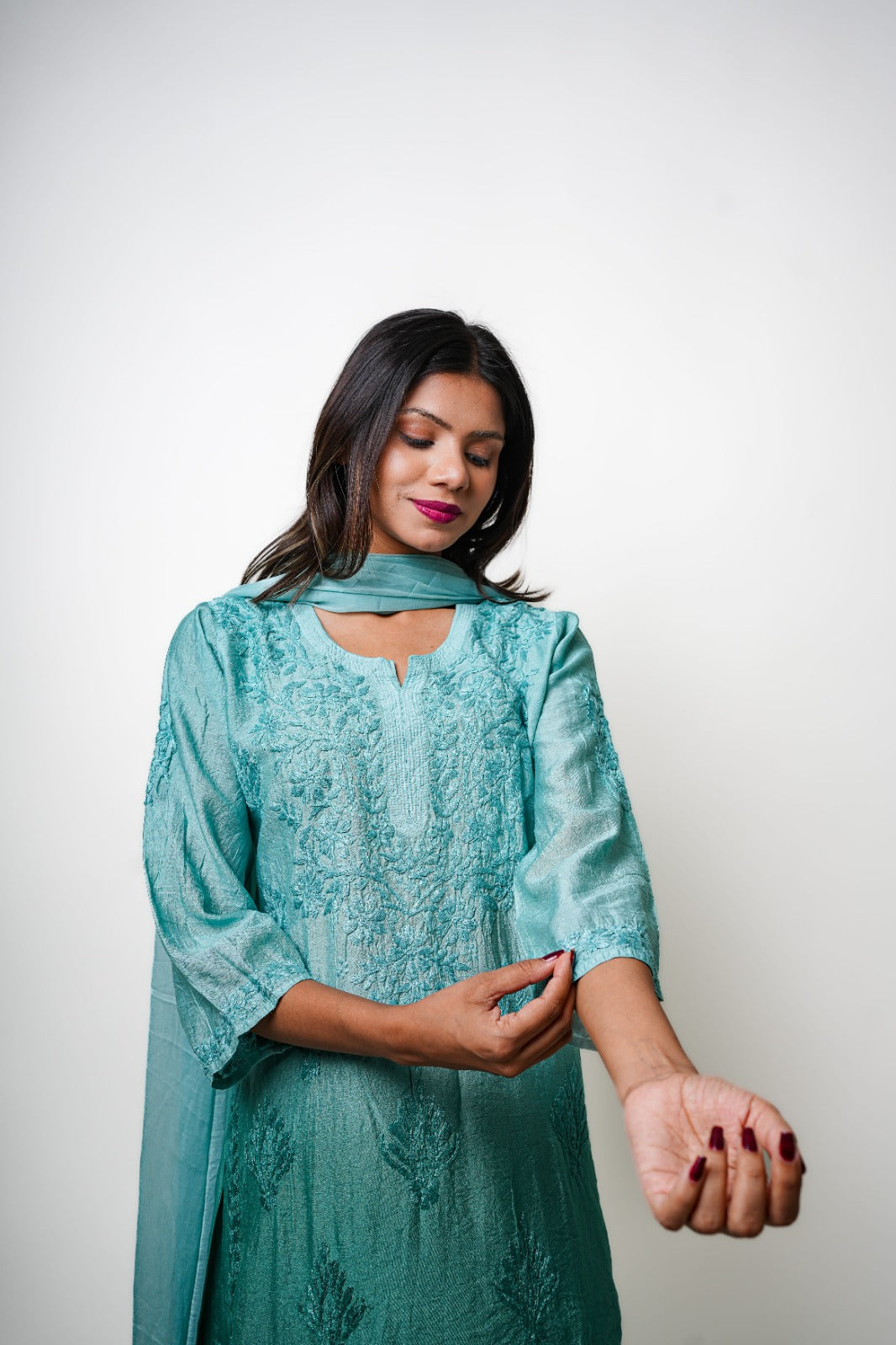 Chikankari hand embroidered | Suit Set| Chanderi | Teal Green