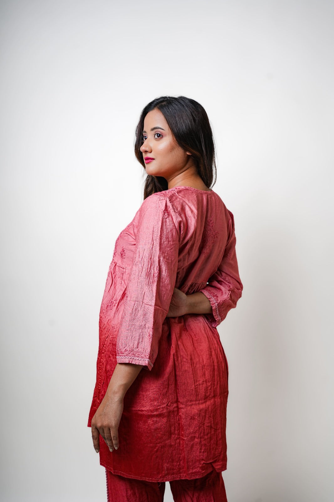 Chikankari hand embroidered | Co-ord set | Chanderi | Peach