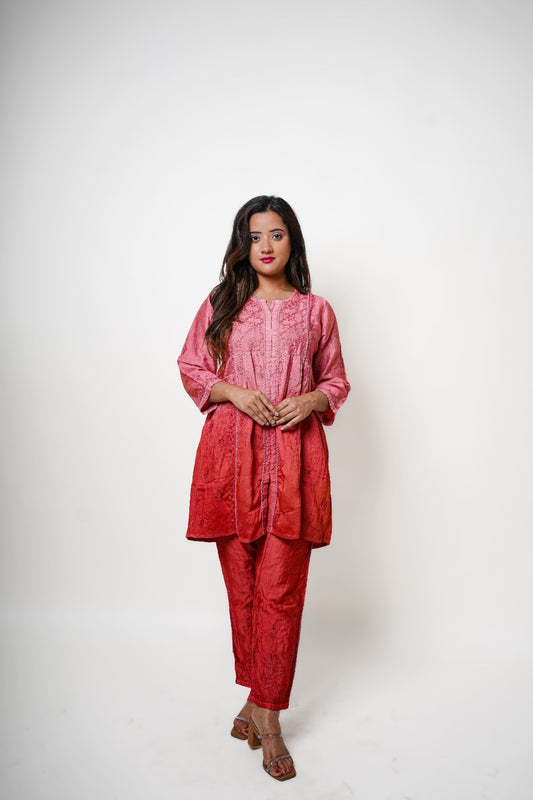 Chikankari hand embroidered | Co-ord set | Chanderi | Peach