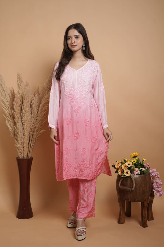 Chikankari Kurta set | Muslin | Ombre Pink