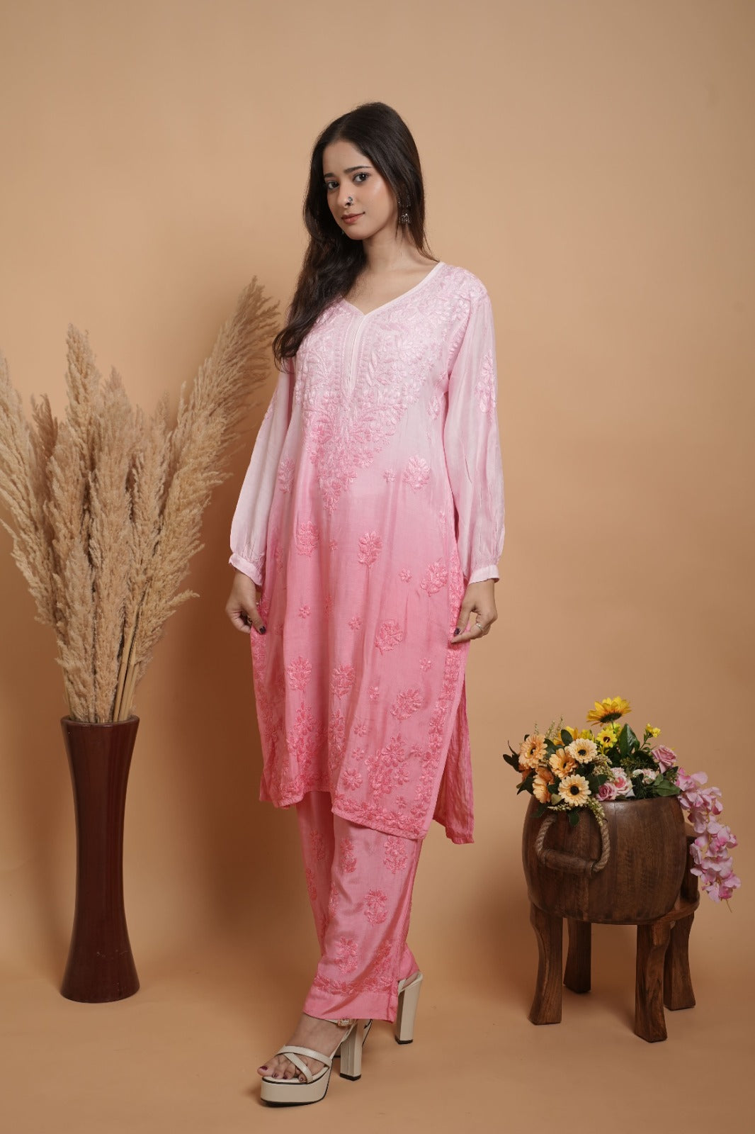 Chikankari Kurta set | Muslin | Ombre Pink