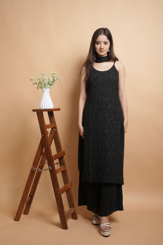 Chikankari Kurta Set | Georgette Pure | Midnight Black