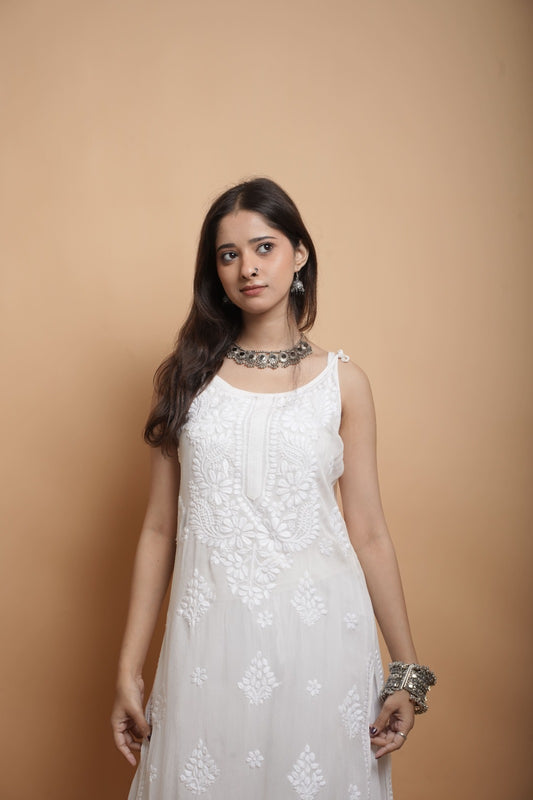 Chikankari Noodle Strap Kurta  | Georgette | White