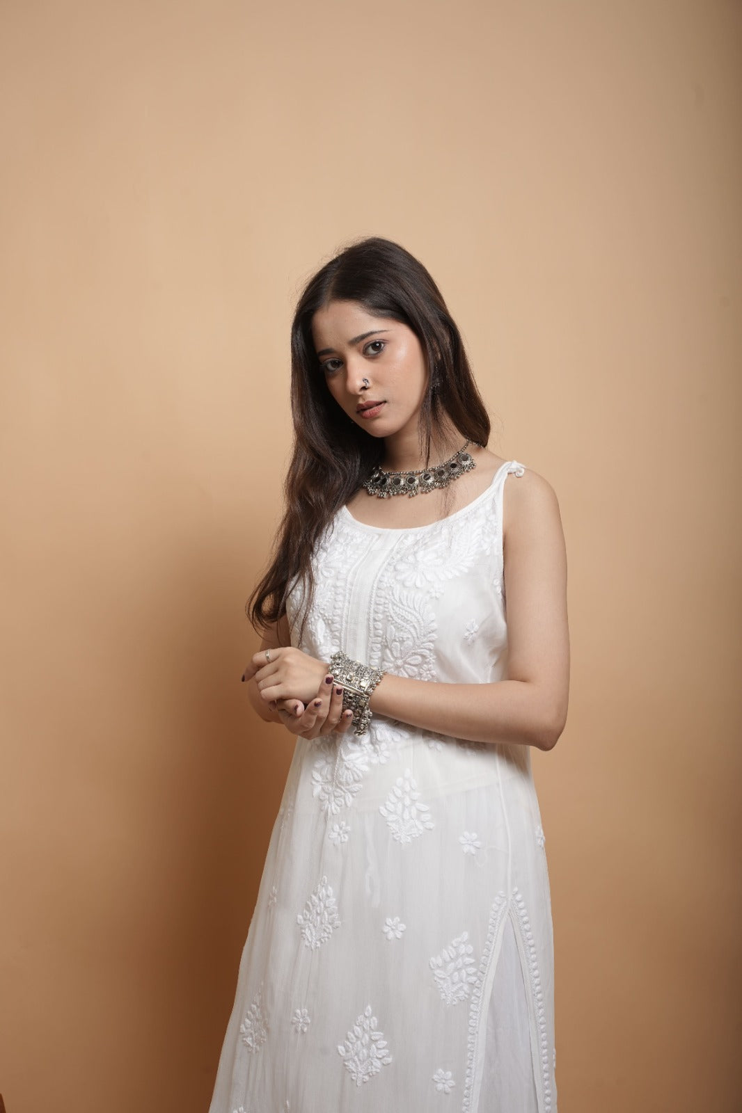 Chikankari Noodle Strap Kurta | Georgette | White