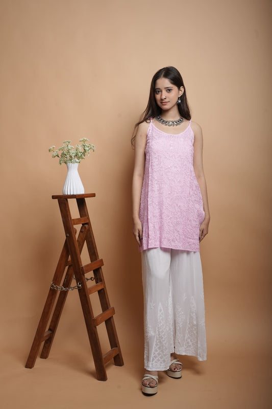Chikankari Short Noodle strap Kurta | Georgette | Baby Pink |