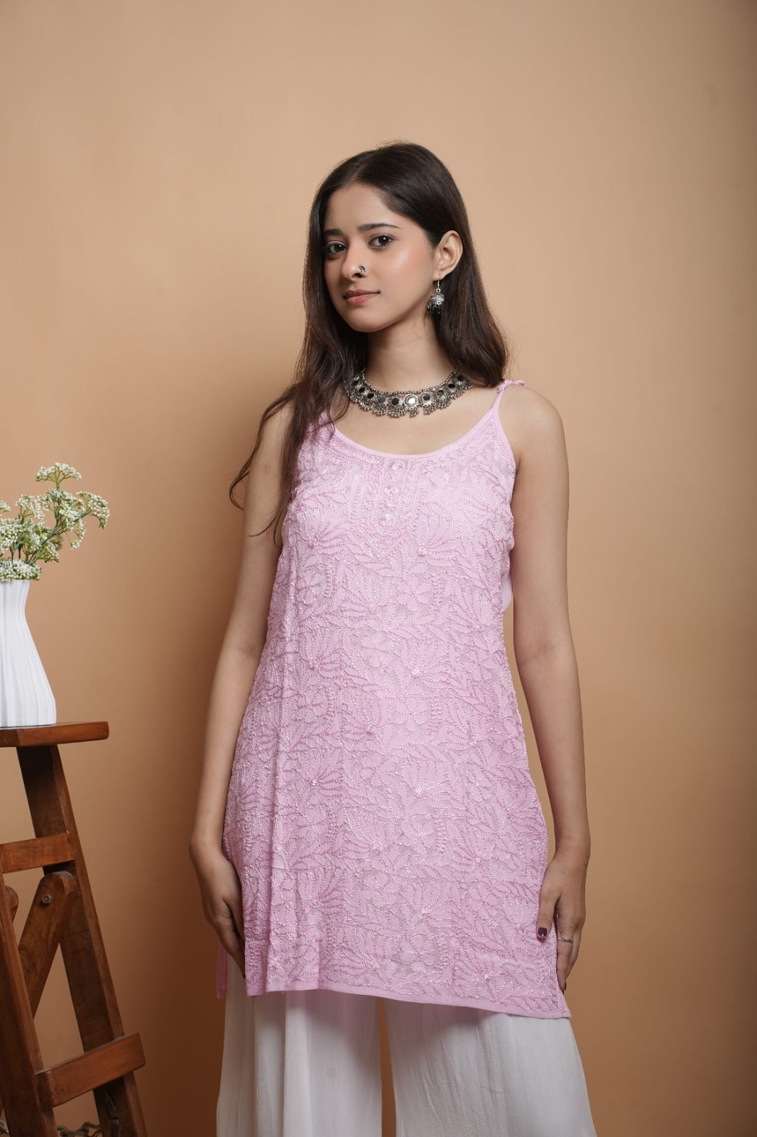 Chikankari Short Noodle strap Kurta | Georgette | Baby Pink |
