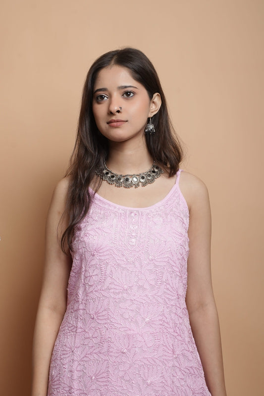 Chikankari Short Noodle strap Kurta | Georgette | Baby Pink |