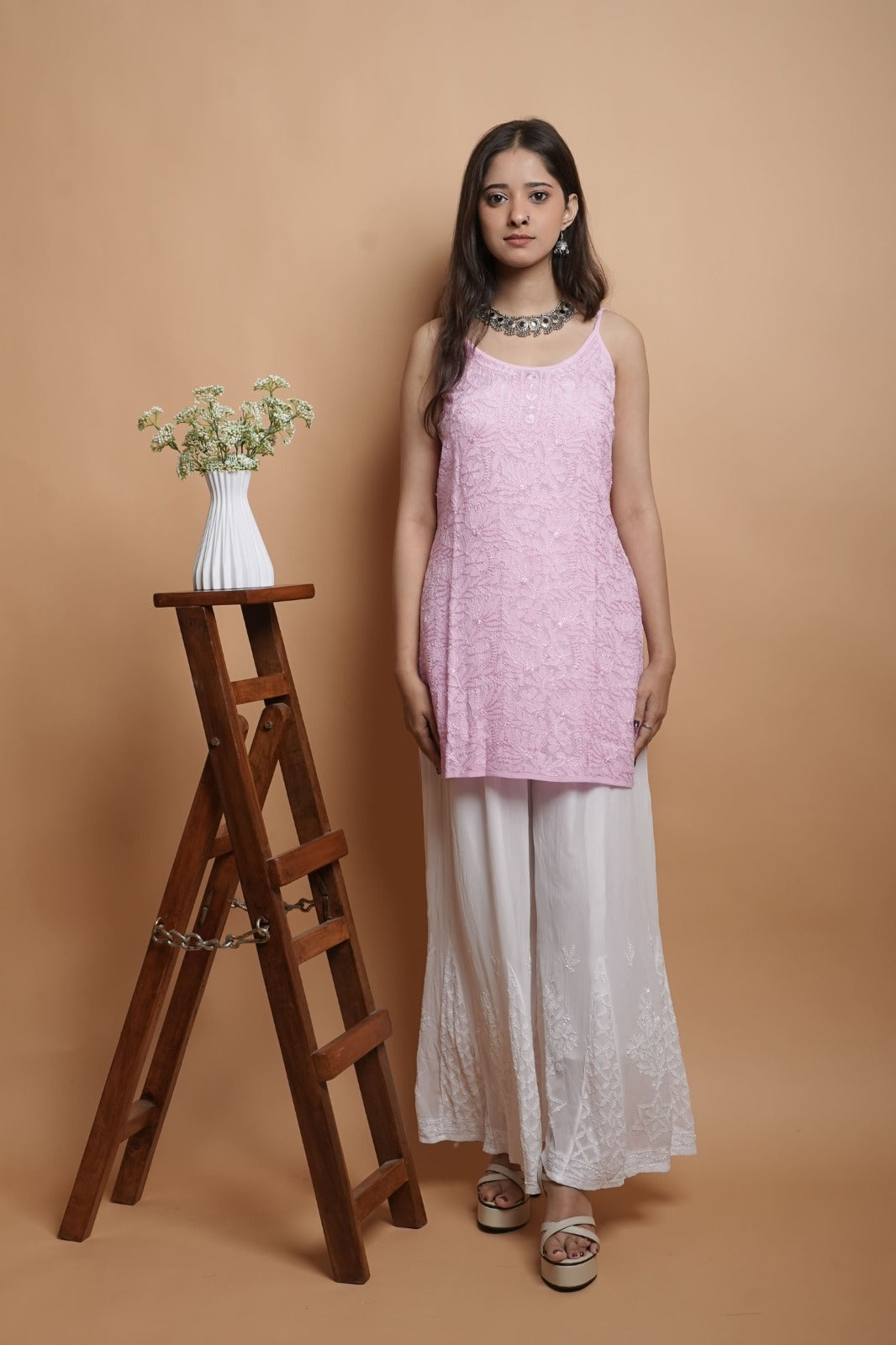 Chikankari Short Noodle strap Kurta | Georgette | Baby Pink |