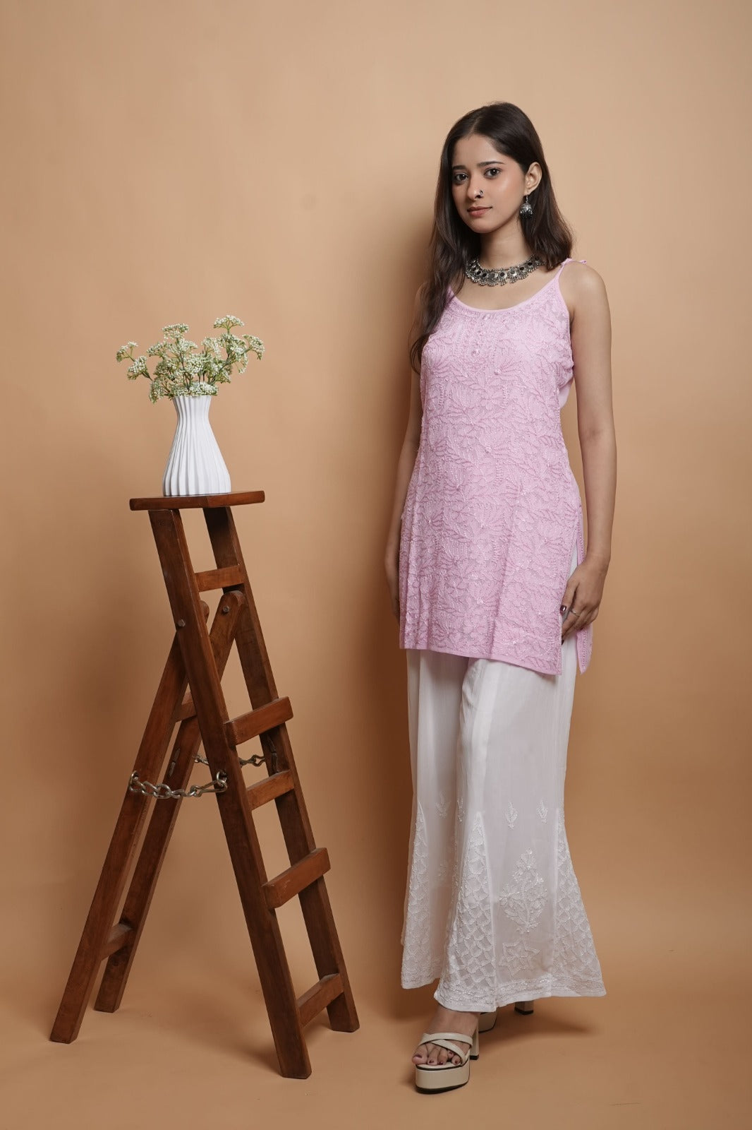 Chikankari Short Noodle strap Kurta | Georgette | Baby Pink |