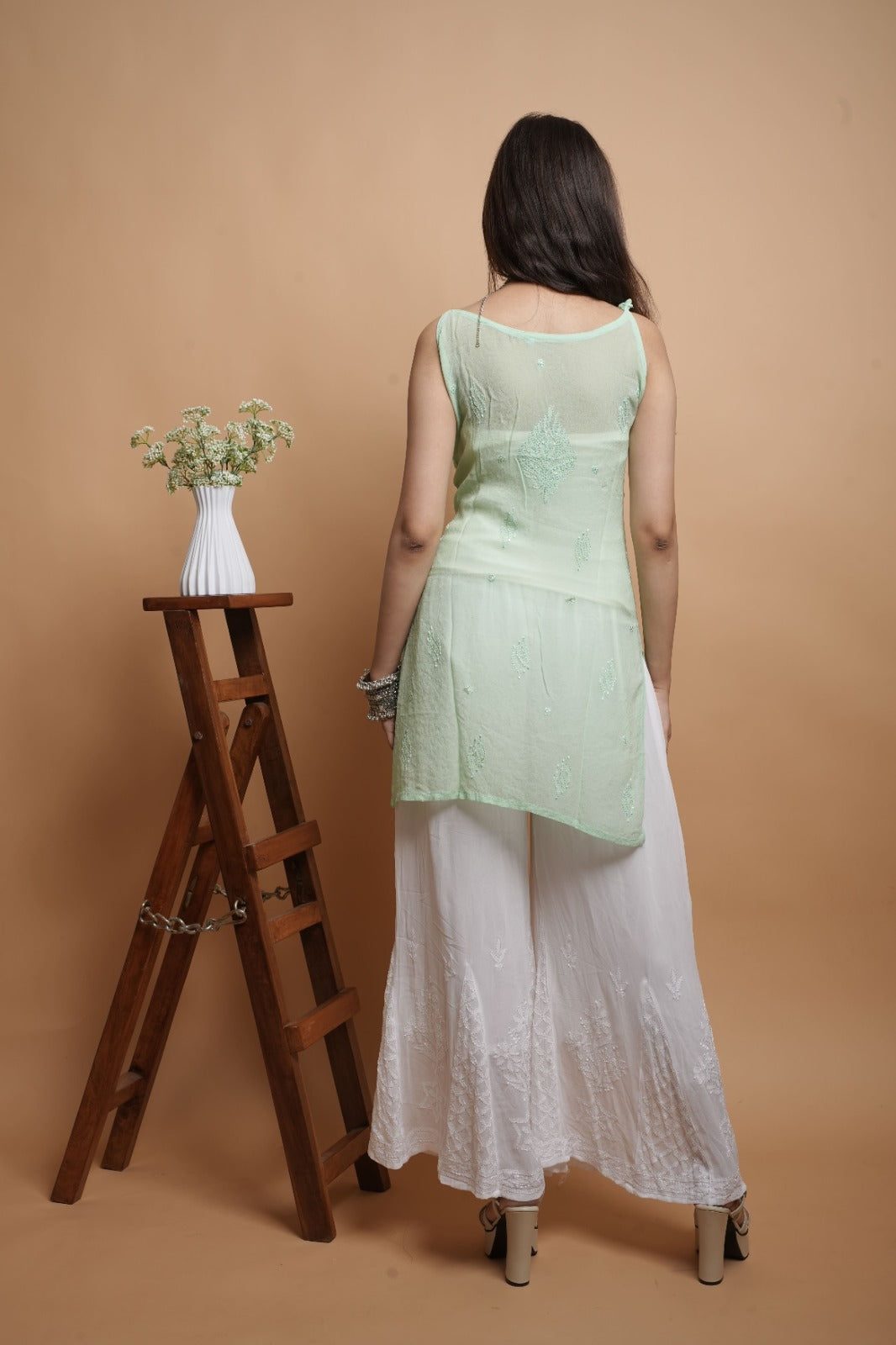 Chikankari Short Noodle Strap Kurta | Georgette | Pastel Green