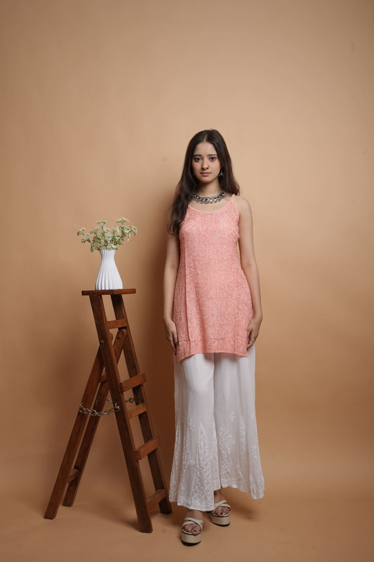 Chikankari Short Noodle Strap Kurta | Georgette | Peach Coral