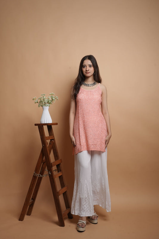 Chikankari Short Noodle Strap Kurta | Georgette | Peach Coral