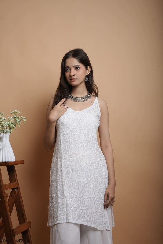 Chikankari Short Noodle Strap Kurta | Georgette | White