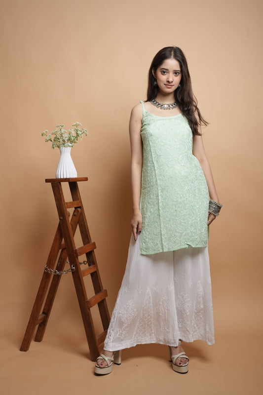 Chikankari Short Noodle Strap Kurta | Georgette | Pastel Green
