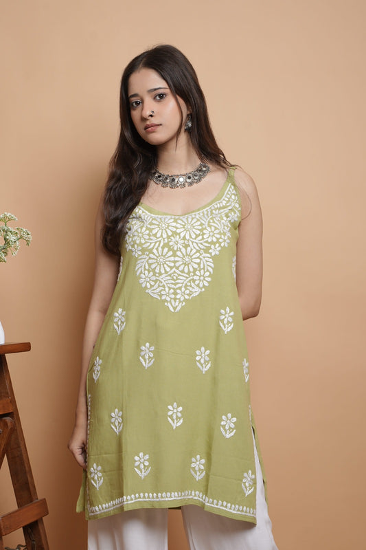 Chikankari Short Noodle Strap Kurta | Cotton Blend | Olive Green