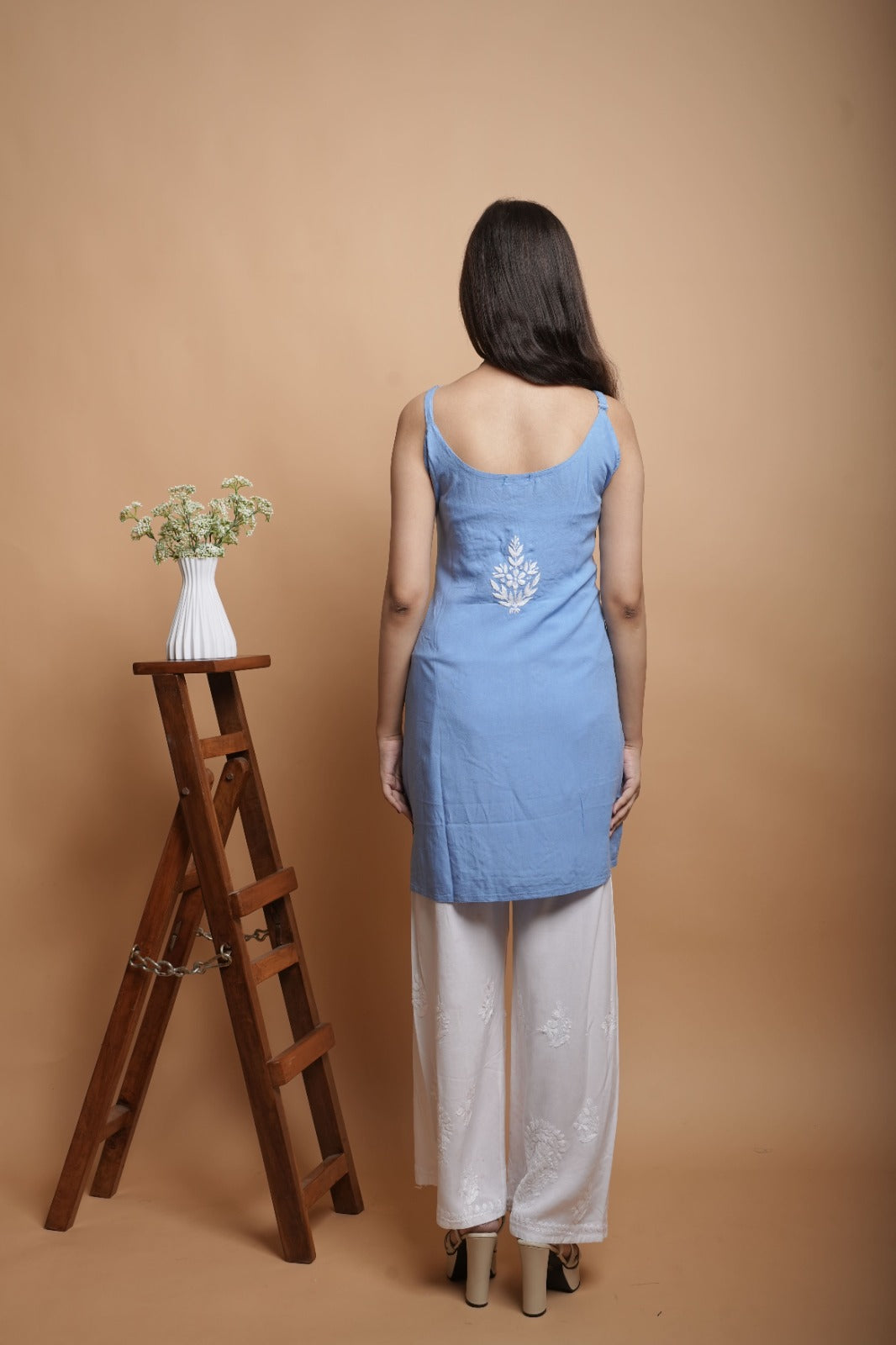 Chikankari Short Noodle Strap Kurta | Cotton Blend | Powder Blue