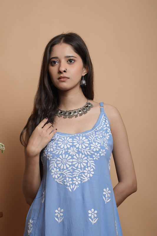Chikankari Short Noodle Strap Kurta | Cotton Blend | Powder Blue