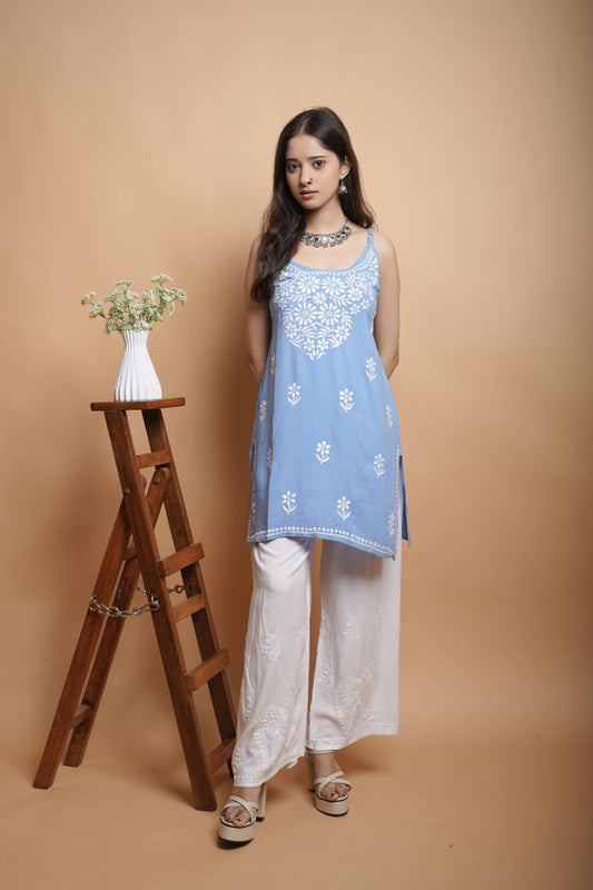 Chikankari Short Noodle Strap Kurta | Cotton Blend | Powder Blue