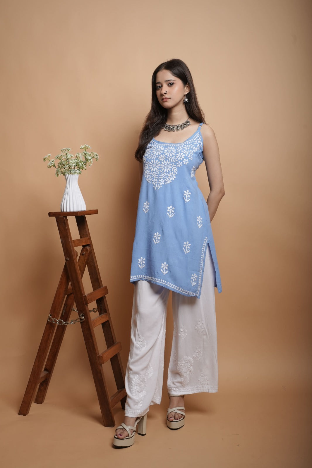 Chikankari Short Noodle Strap Kurta | Cotton Blend | Powder Blue