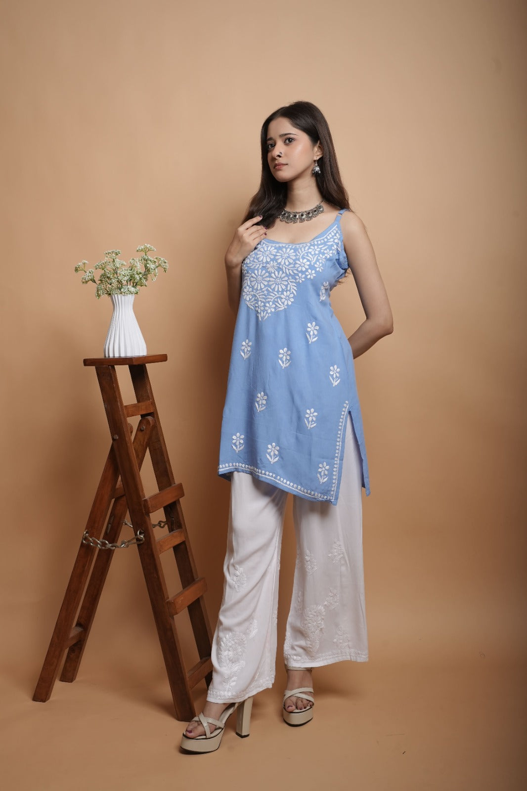 Chikankari Short Noodle Strap Kurta | Cotton Blend | Powder Blue