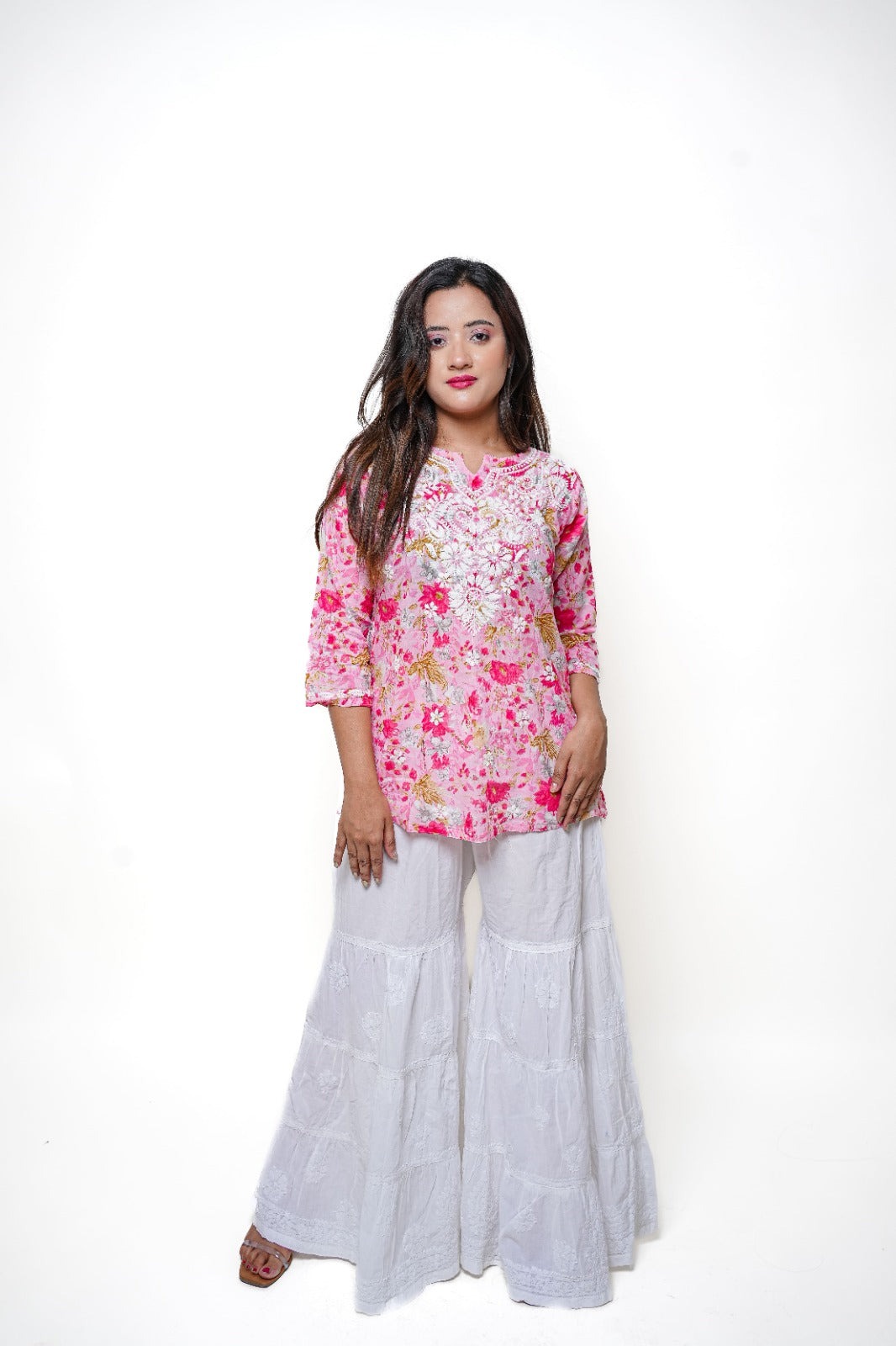 Chikankari Hand Embroidered | Short Kurti | Mul Cotton | Pink Floral