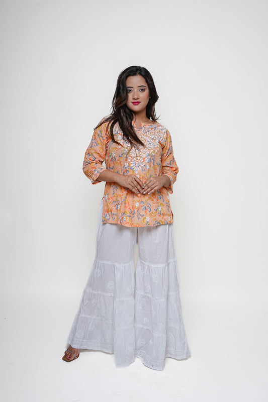 Chikankari Hand Embroidered | Short Kurti | Mul cotton | Peach Floral