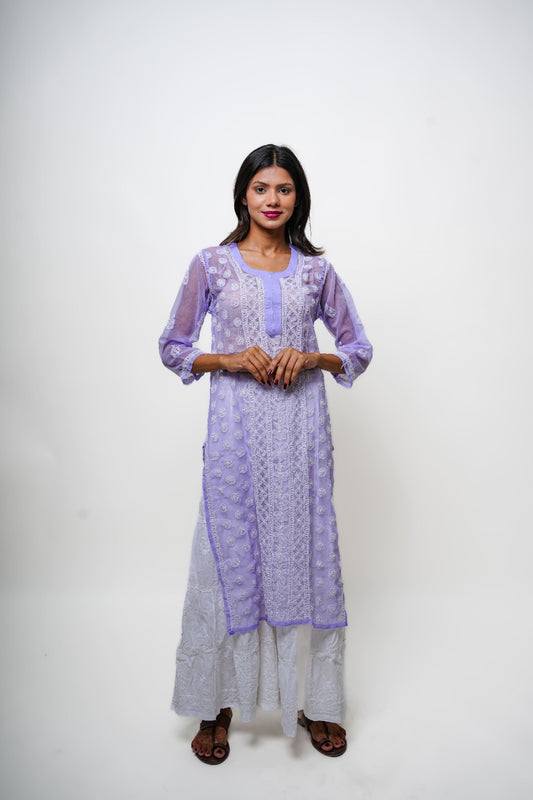 Chikankari hand embroidered | Long Kurta | Georgette | Lilac