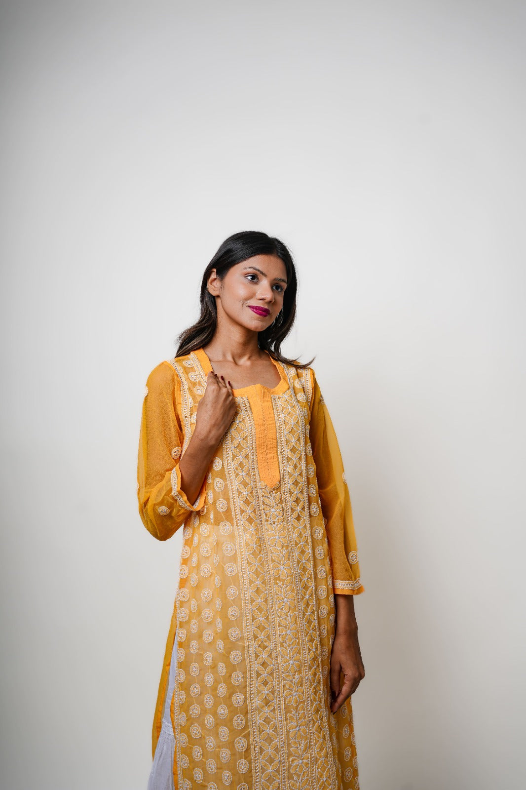 Chikankari hand embroidered | Long Straight Kurta | Georgette | Yellow
