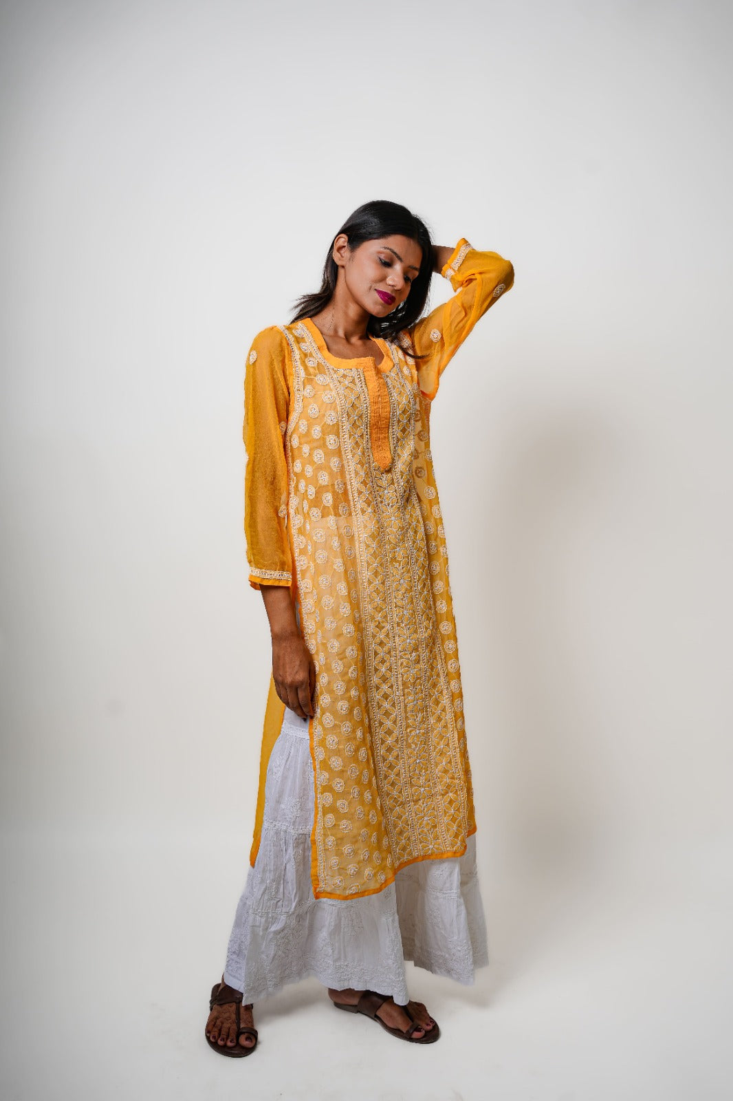 Chikankari hand embroidered | Long Straight Kurta | Georgette | Yellow