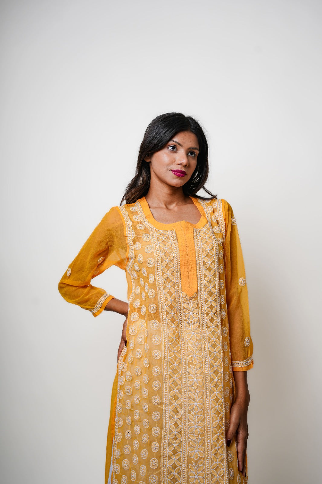 Chikankari hand embroidered | Long Straight Kurta | Georgette | Yellow