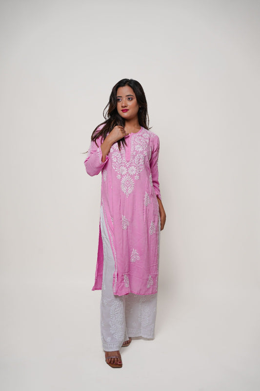 Chikankari hand embroidered | Long Kurta | Rayon | Pink