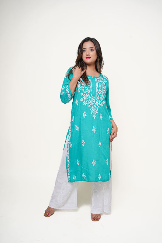 Chikankari hand embroidered | Long Kurta | Rayon | Teal Green