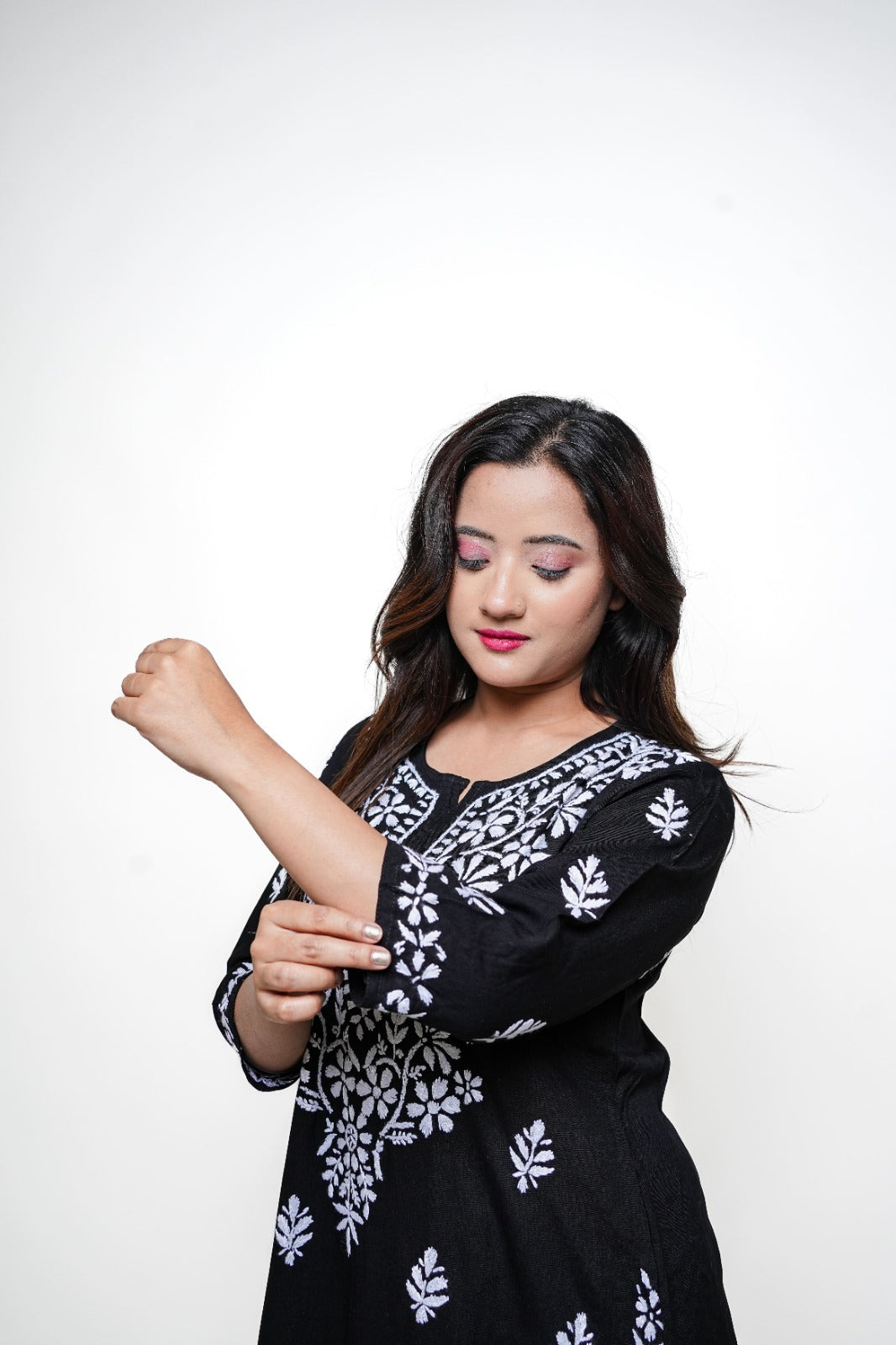 Chikankari hand embroidered | Long Kurta | Rayon | Black