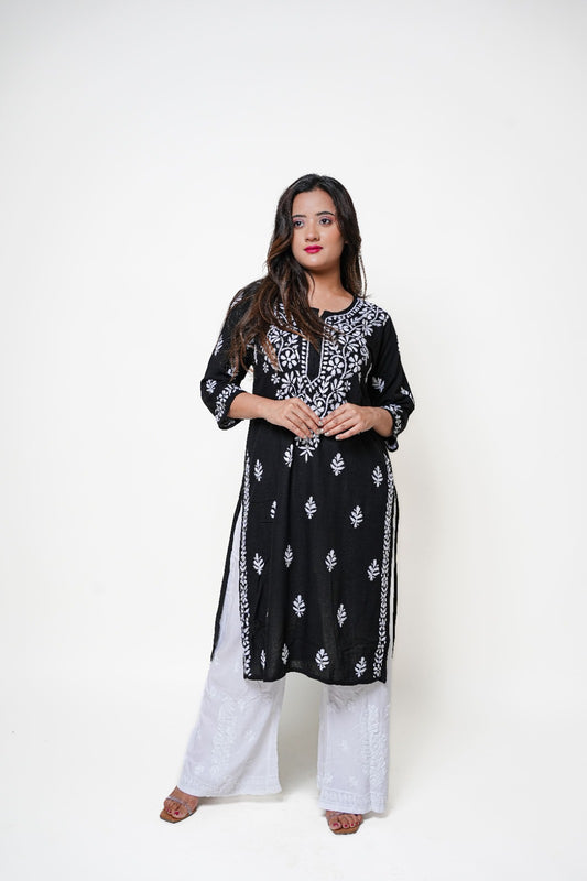Chikankari hand embroidered | Long Kurta | Rayon | Black