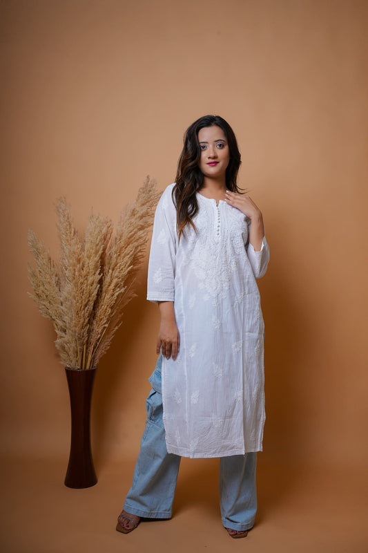 Chikankari hand embroidered | Long Kurta | Khadi Cotton | White