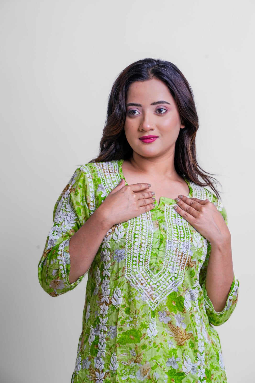 Chikankari hand embroidered | Long Kurta |Mul cotton | Green Floral print