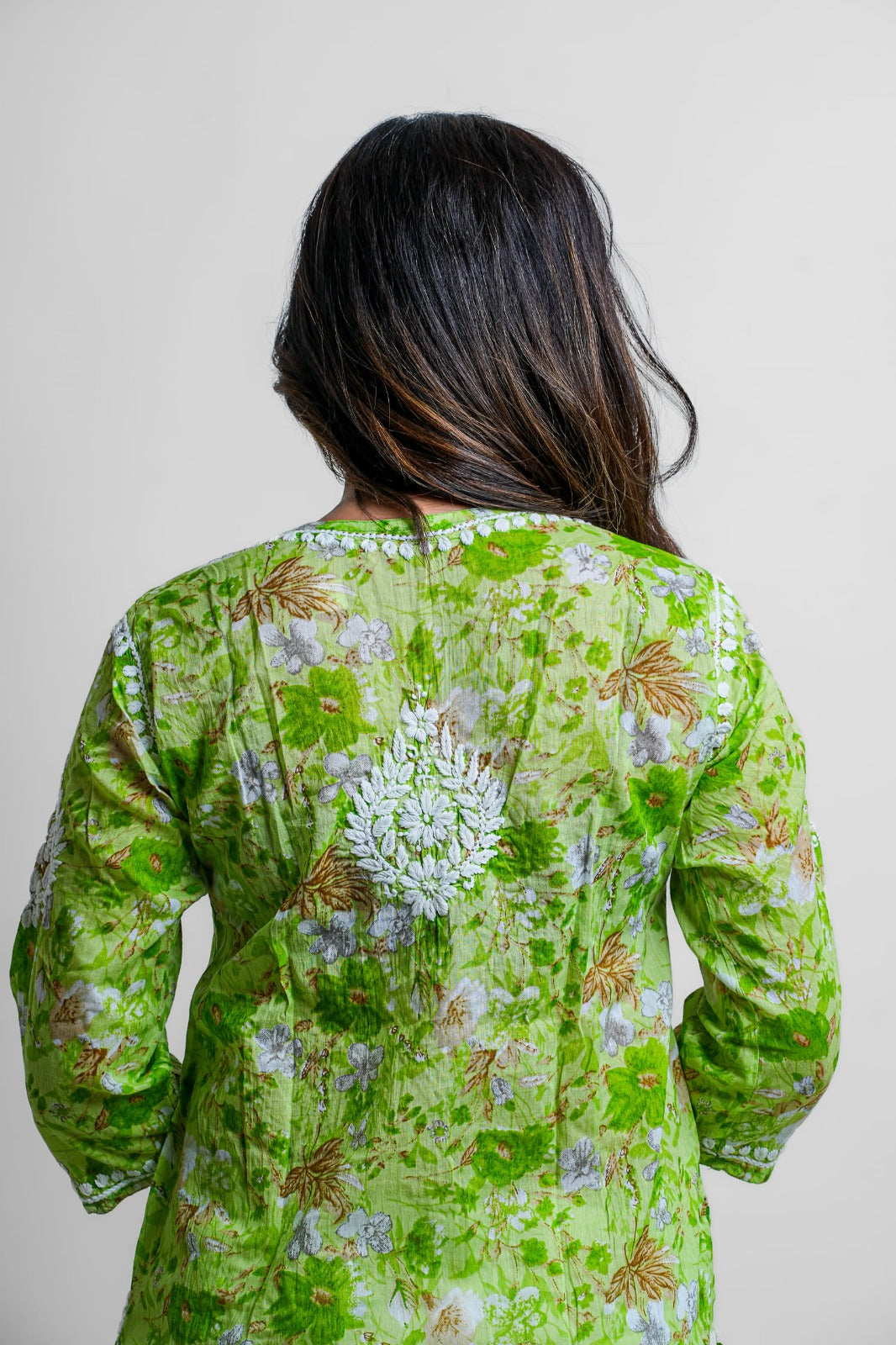 Chikankari hand embroidered | Long Kurta |Mul cotton | Green Floral print