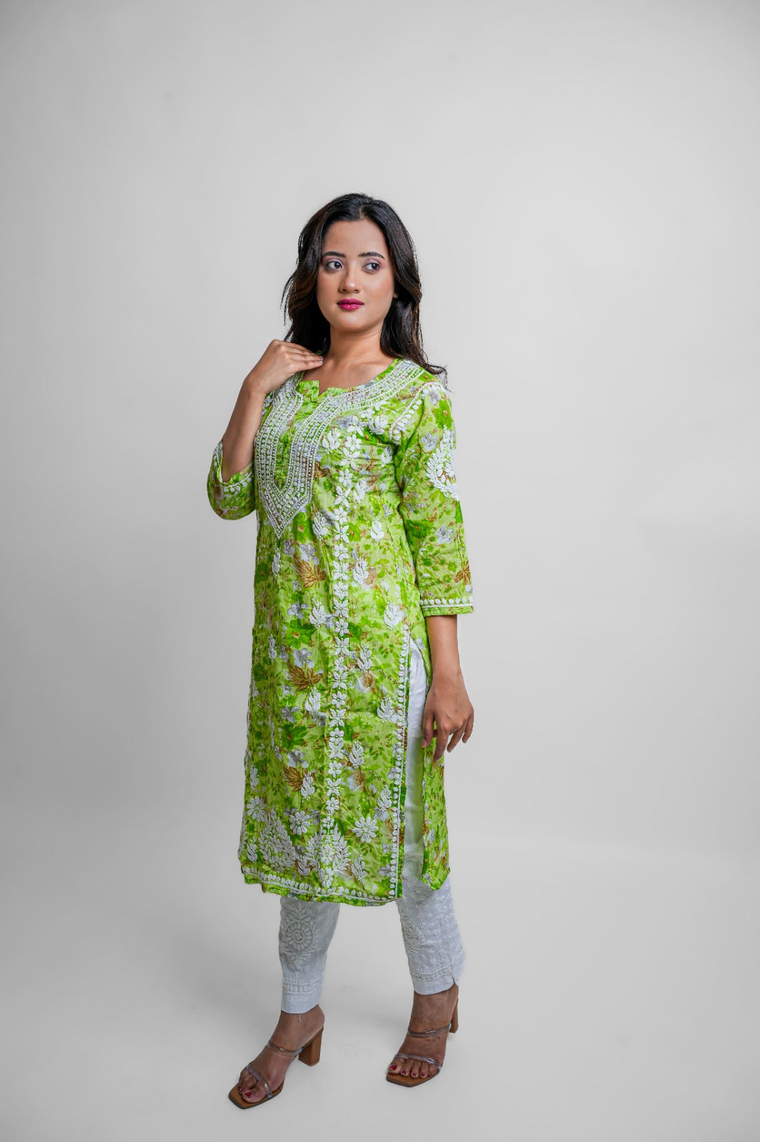 Chikankari hand embroidered | Long Kurta |Mul cotton | Green Floral print