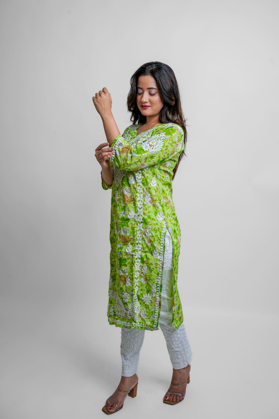 Chikankari hand embroidered | Long Kurta |Mul cotton | Green Floral print
