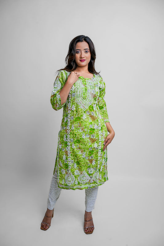 Chikankari hand embroidered | Long Kurta |Mul cotton | Green Floral print