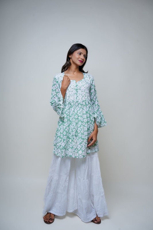 Chikankari hand embroidered | Short Kurta Dress | Mul cotton | Pista Green
