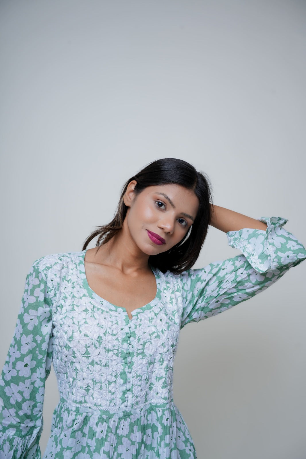 Chikankari hand embroidered | Short Kurta Dress | Mul cotton | Pista Green