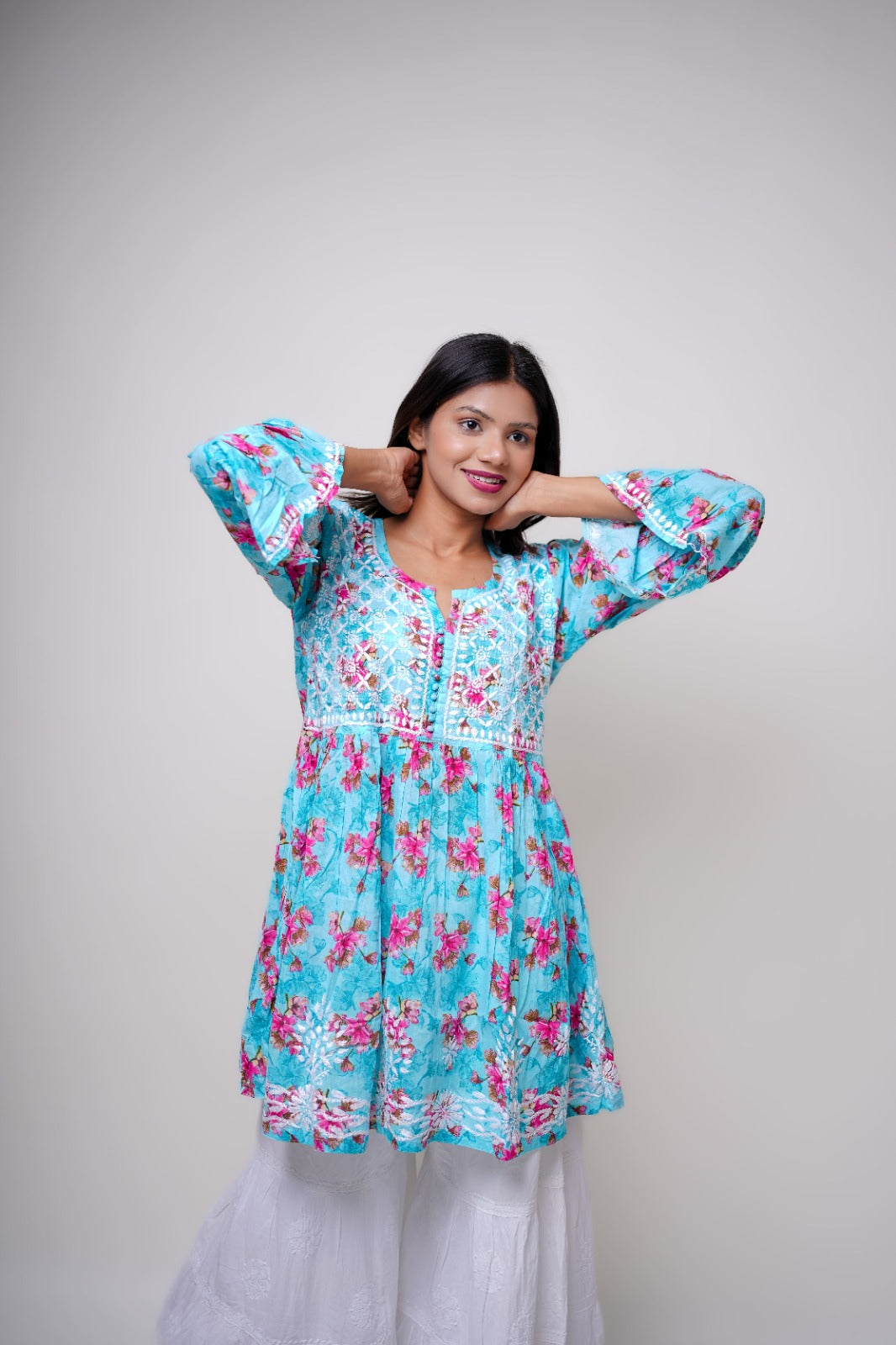 Chikankari hand embroidered | Short Kurta Dress | mul cotton | Sea Green