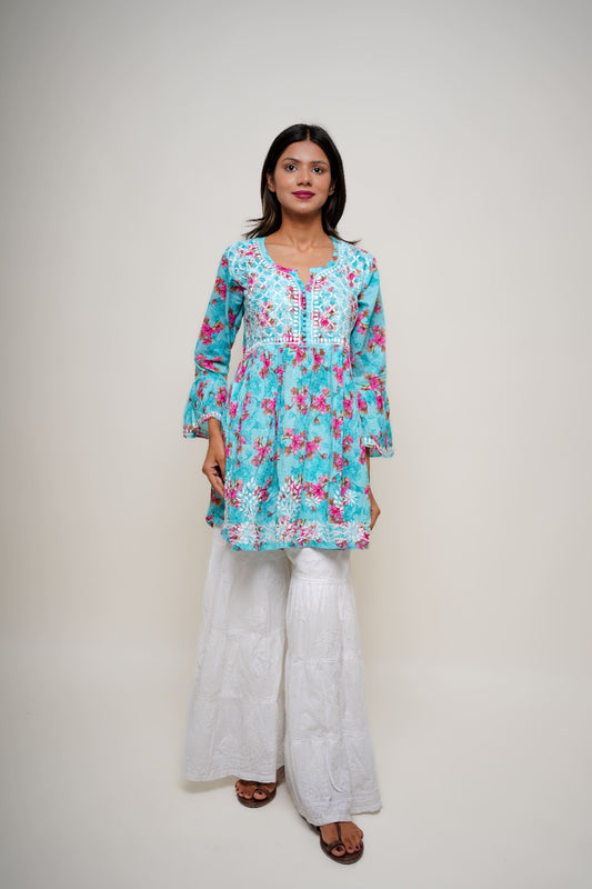 Chikankari hand embroidered | Short Kurta Dress | mul cotton | Sea Green