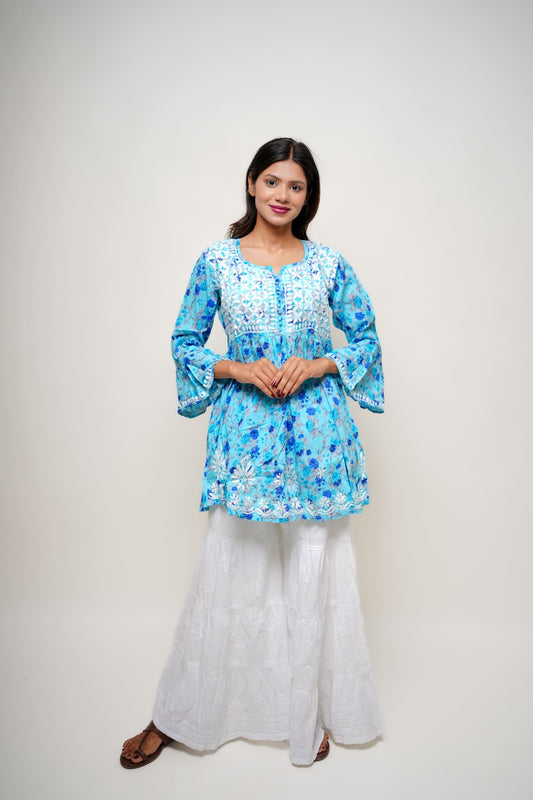 Chikankari hand embroidered | Short Kurta Dress | mul cotton | Sky Blue