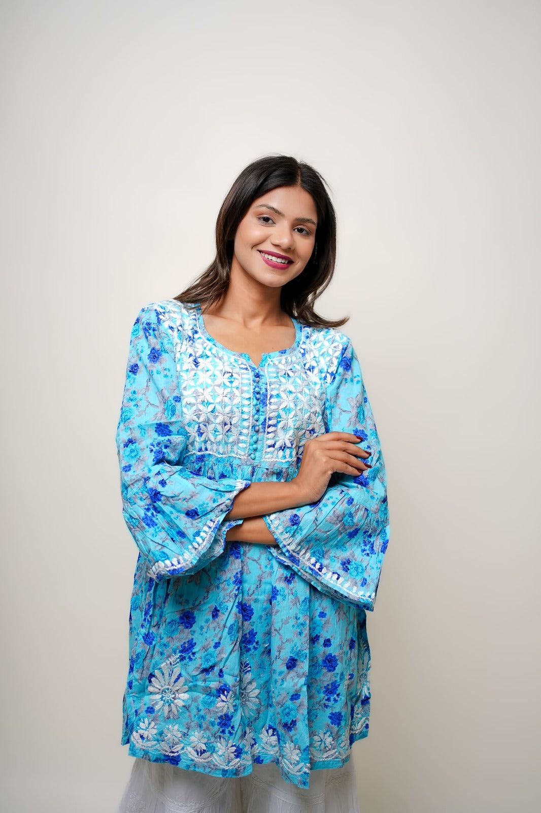 Chikankari hand embroidered | Short Kurta Dress | mul cotton | Sky Blue