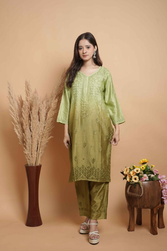 Chikankari hand embroidered | Suit Set| Chanderi | Green